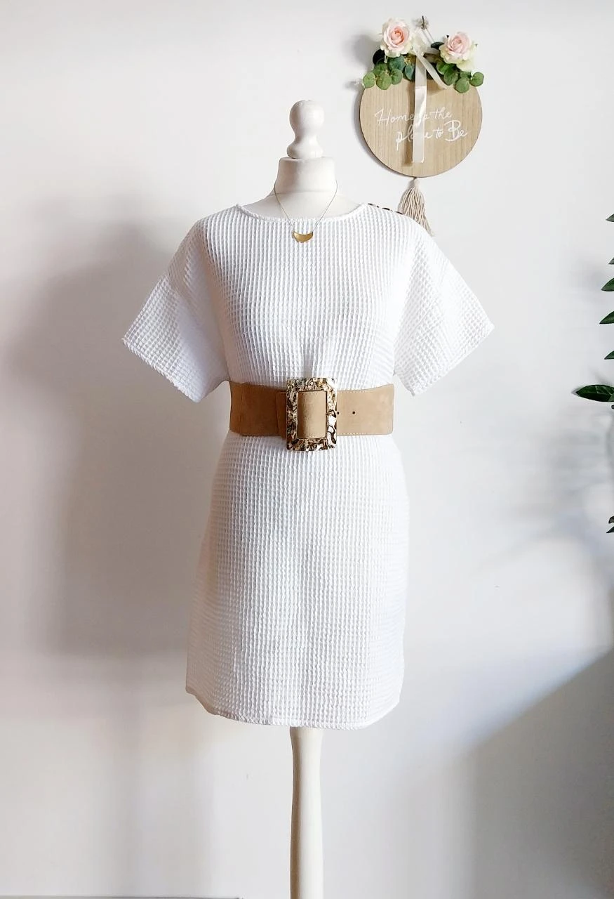 Robe blanche 100% coton nid d'abeille La plage Coco